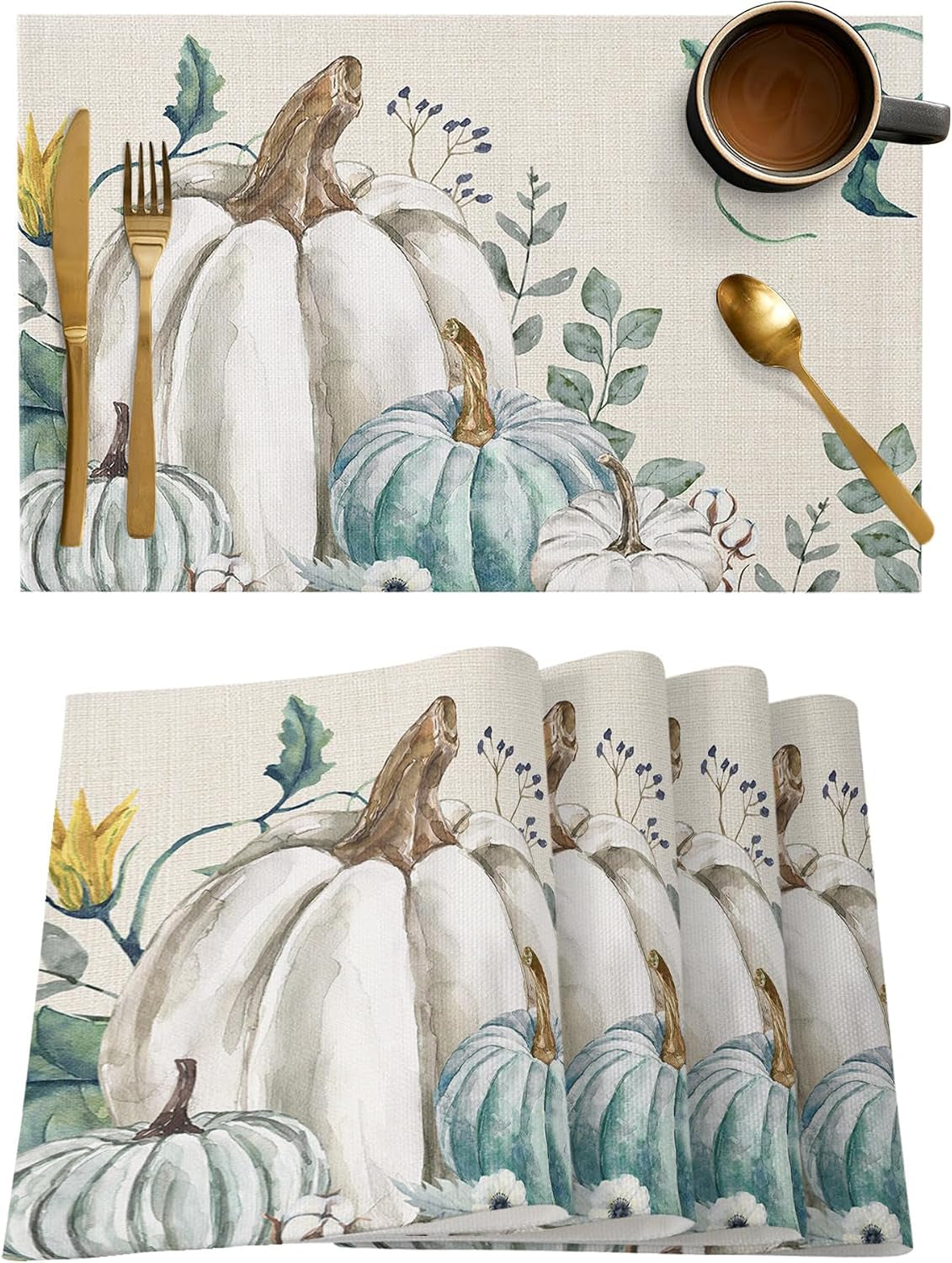 fall-thanksgiving-placemats-set-of-6-pumpkin-table-mats-for-kitchen-dining-table-farmhouse-heat-resistant-cotton-linen-place-mats-for-indoor-outdoor-parties-holiday-decoration-teal-grey-white