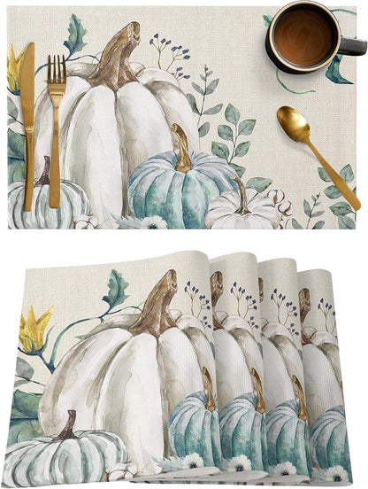 Fall Thanksgiving Placemats Set of 6 Pumpkin Table Mats for Kitchen Dining Table, Farmhouse Heat-Resistant Cotton Linen Place Mats for Indoor Outdoor Parties Holiday Decoration, Teal Grey White1