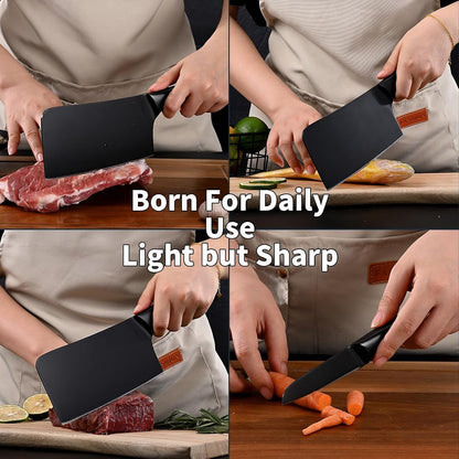 Chopping Knife and Fruit Knife,Black Ti Coating Kitchen Knife Set Meat Bone Chopper Meat Knives Paring Knives with Anti-Slip Hollow Handle6