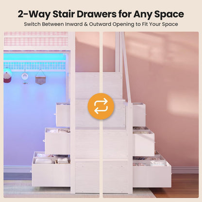 Full Size Loft Bed with 55.5" Desk and Storage Stairs, White9