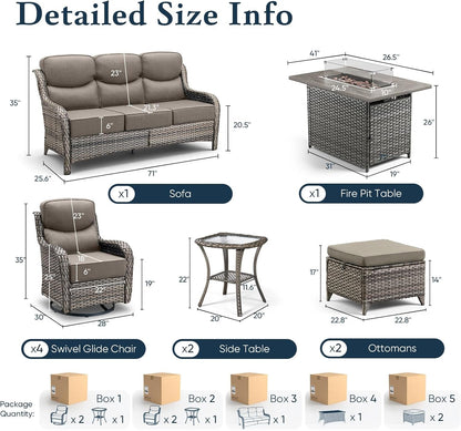Luxury 6" Thick Cushioned 10 Pieces Patio Furniture Set with Fire Pit Table, Wicker Outdoor Conversation Set with High Back Swivel Rocker Chairs for Deck Porch Yard and Poolside - Grey+Grey2