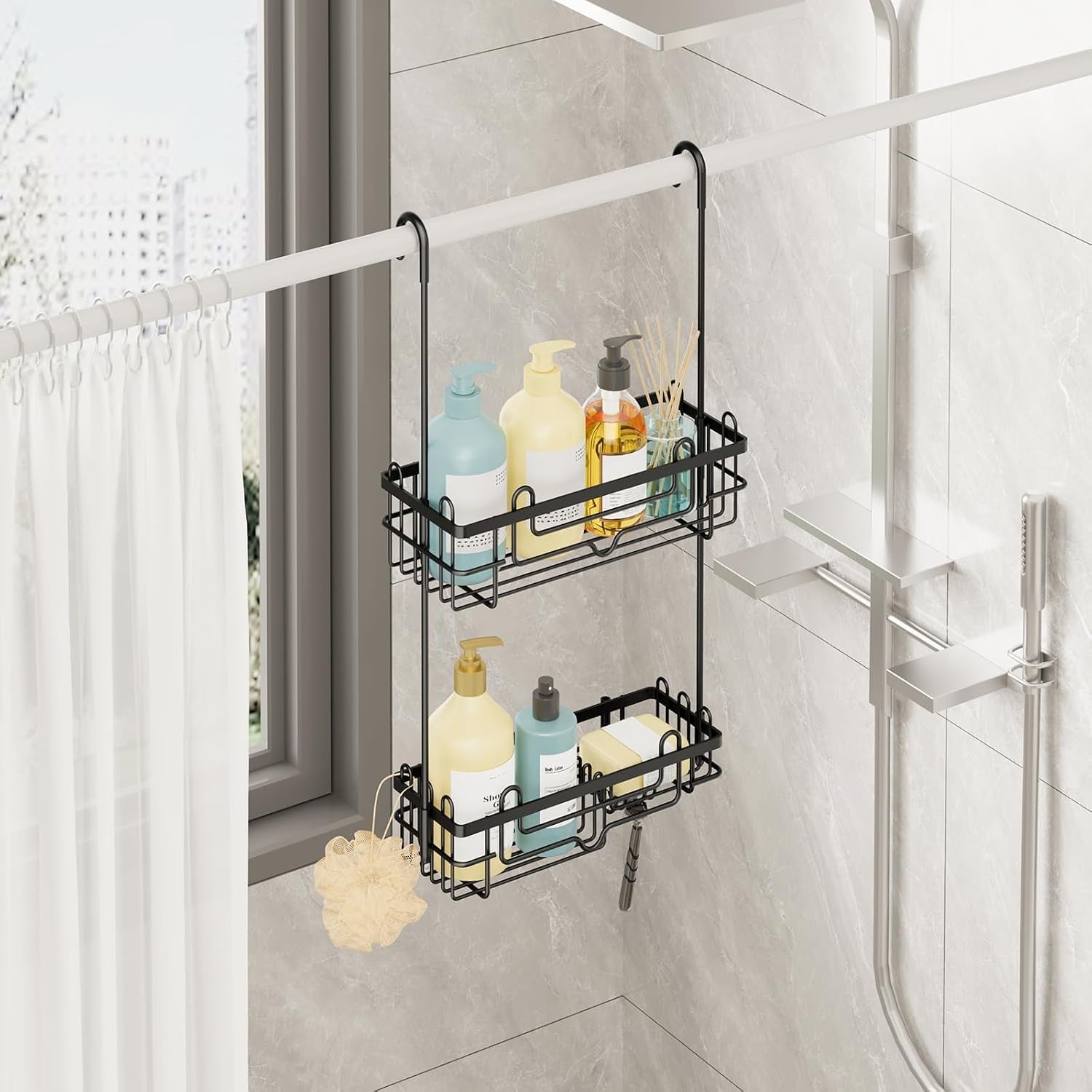 over-the-door-shower-caddy-2-tier-hanging-shower-organizer-with-soap-holder-rustproof-bathroom-storage-and-organizer-rack-for-shampoo-towels-and-toiletries-black
