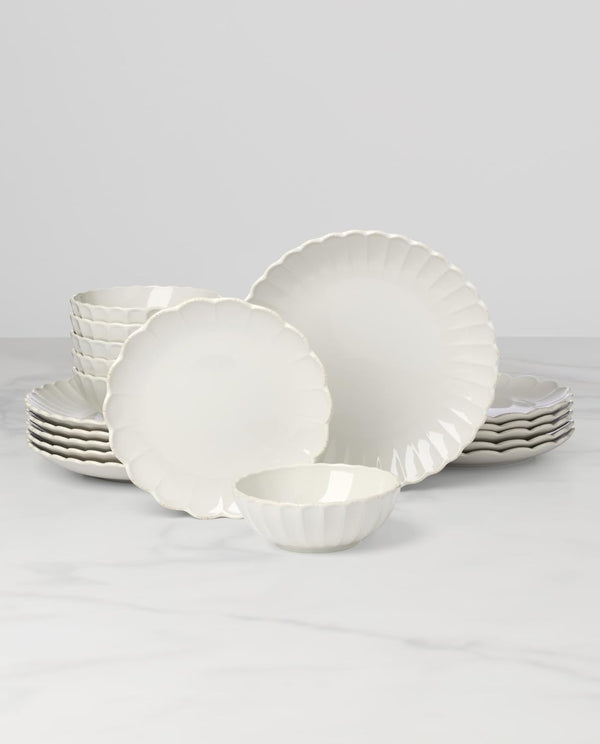 French Perle Scallop White Stoneware 18-Piece Dinnerware Set for 62