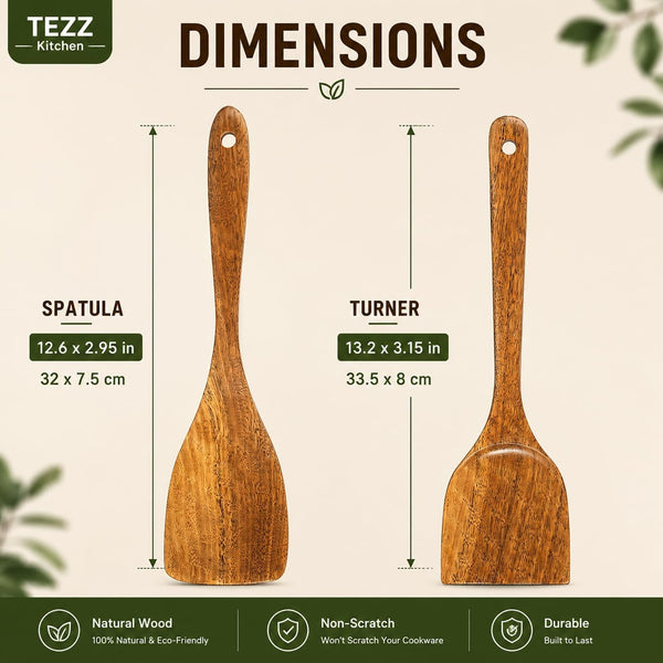 Wooden Spatulas, 2 Pcs Natural Acacia Wooden Cooking Utensils Set for Non-Stick Pan Kitchen Tool, Flipping and Wok Spatula, Wooden Spoons & Spurtle for Cooking8