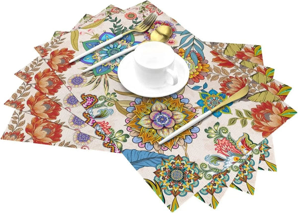 Boho Floral Placemats Set of 4 Linen 12"X18" Colorful Flowers Table Mats for Kitchen Dining Table Holiday Party Heat Resistant Washable Spring Summer Farmhouse Bohemian Mandala Place Mats3