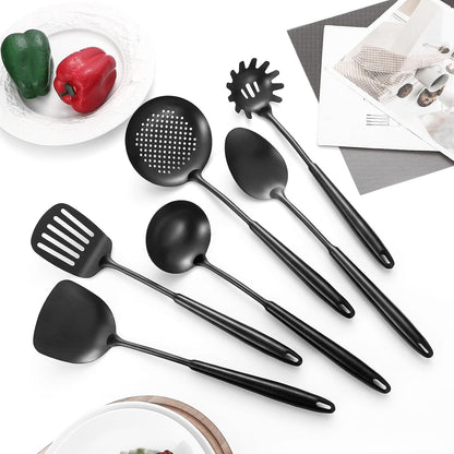 304 Stainless Steel Cooking Utensils,6 Pcs Kitchen Cooking Utensils Set with Spatula, Solid Spoon, Ladle, Skimmer, Spaghetti Spoon,Dishwasher Safe(Black)3