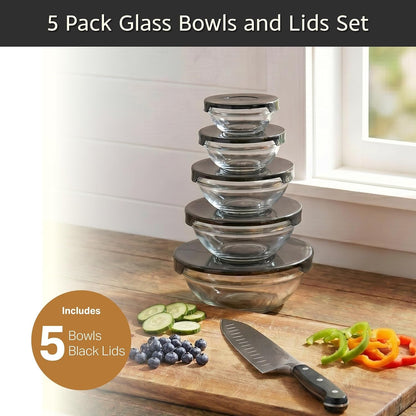 Glass Mixing Bowls with Lids Set - 10-Piece-Set with Multiple Bowl Sizes for Kitchen Storage, Meal Prep, Mixing, and Serving (Black)8