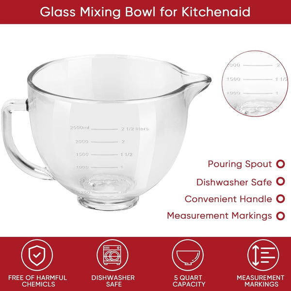 Tilt-Head Stand Mixer Glass Bowl, 5 Qt,Compatible with Kitchenaid Artisan 5KSM125, 5KSM150, 5KSM175, 5KSM7580, KSM150, RRK150,K45, K45SS, KSM75, KSM90, Ksm95,Classic without Lid3