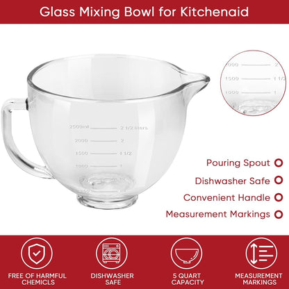 Tilt-Head Stand Mixer Glass Bowl, 5 Qt,Compatible with Kitchenaid Artisan&Classic Series,Glass Bowl with Lid,Mixer Bowl Cover to Prevent Spilling of Ingredients,Contemporary with Grey Lid3
