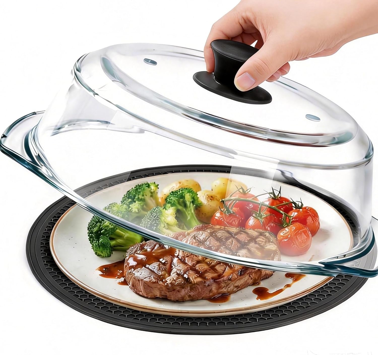glass-microwave-splatter-cover-for-food-with-microwave-place-mat-sturdy-plate-guard-lid-with-vent-holes-and-easy-grip-silicone-handle-bpa-free-dishwasher-safe-black