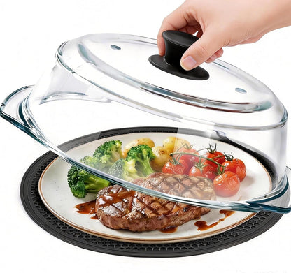 Glass Microwave Splatter Cover for Food with Microwave Place Mat - Sturdy Plate Guard Lid with Vent Holes and Easy-Grip Silicone Handle - BPA Free, Dishwasher Safe (Black)1