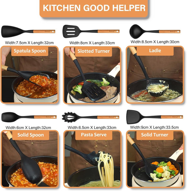 Large Silicone Cooking Utensils Set, 10Pcs Nonstick Kitchen Utensil Set with Wooden Handle, Heat Resistant Silicone Utensils for Cooking, BPA Free Spatula Set with Turners Spoon Ladle Skimmer(Black)9