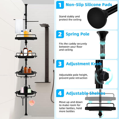 32-122Inch Corner Shower Caddy Tension Pole Black, Rustproof Drill-Free Shower Shelves for Bathroom Bathtub Washbasin, Adjustable Shower Organizer with 4 Tier Patent Stable Shelves & Towel Bars4