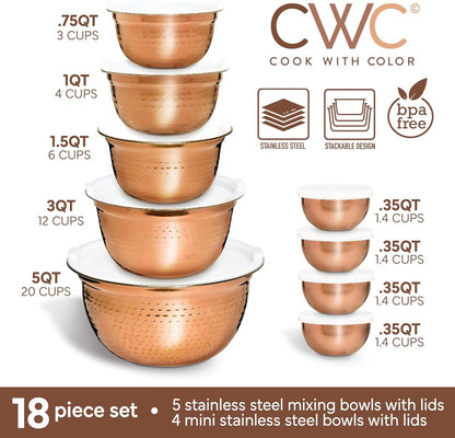 18 Piece Mixing Bowls Set with Airtight Lids, Handcrafted Stainless Steel Bowls, Food Storage Containers, Meal Prep, Nesting Salad Bowls for Cooking, Baking, Kitchen, Copper - Hammered2