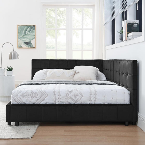 Full Size Daybed L-Shaped, Modern Velvet Upholstered Sofa Day Bed Frame with Wood Slats for Living Room Bedroom Guest Room, No Box Spring Needed, Black8