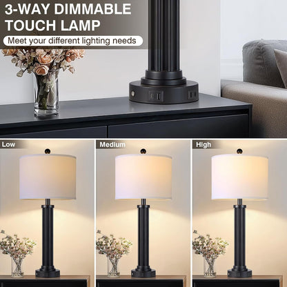 28" Tall Modern Table Lamps Set of 2 with USB C+A Ports and AC Outlet, 3 Way Touch Metal Bedside Lamps for Bedroom, Black Nightstand Lamps for Living Room3
