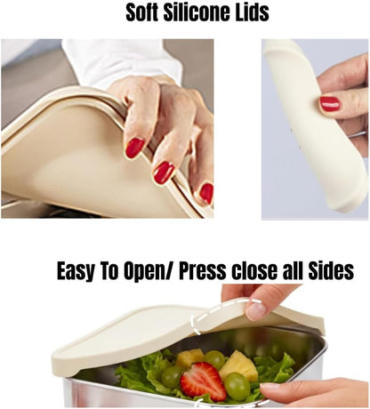 Flexibento - 40 OZ Set -Leak Proof Stainless Steel Lunch Box Containers, Lunch Containers with Silicone Lids,Steel Bento Box,Metal Lunch Box, Vanilla Set of 3, 1 * 40OZ + 2 * 9 OZ8