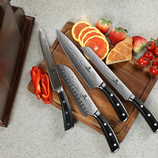 Knife Sets for Kitchen with Block, 17 Pieces with Magnetic Knife Holder, German High Carbon Stainless Steel Damascus Pattern Chef Knife Set, Ideal for Gift2