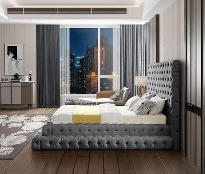 Meridian Furniture Revelgrey-Q Revel Collection Modern | Contemporary Grey Velvet Upholstered Bed with Deep Button Tufting, 85" W X 98" D X 60" H, Grey, Queen6