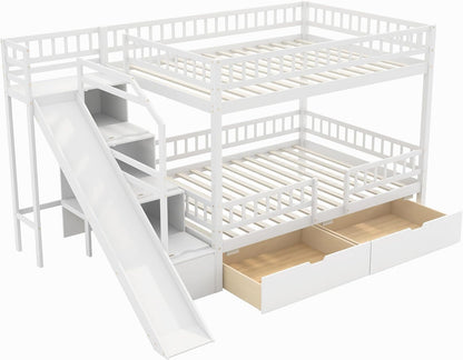 Full over Full Bunk Bed with Storage Staircase, Slide and 2 Drawers, Wood Bunk Bed Frame for Kids, Solid Pine Wood Bed with Guardrail, No Box Spring Needed, White5