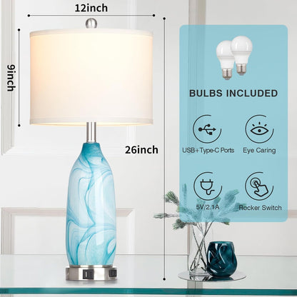 26" Coastal Table Lamps Set of 2, Modern Table Lamps with USB A+C Ports & AC Outlet, Touch Control Glass Bedside Nightstand Lamp with Night Light for Living Room Bedroom End Table Blue(Bulbs Included)4