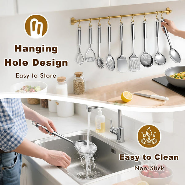 9 Pcs Cooking Utensils Set, Stainless Steel Kitchen Utensils, Heat Resistant Metal Kitchen Tools Include Solid & Slotted Spatula, Serving Spoon, Ladle, Pasta Server,Potato Maseher, Egg Whisk, Silver6