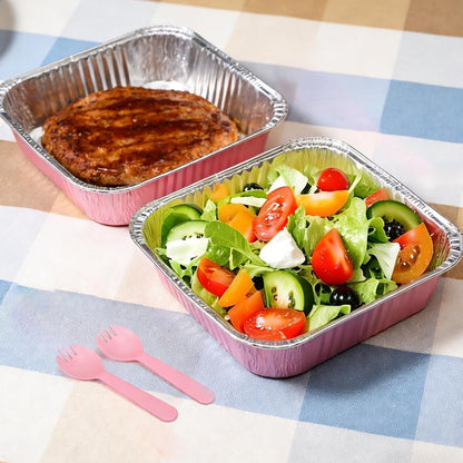 (35-Pack) Pink 8X8 Inch Disposable Aluminum Pans with Plastic Lids,Stickers and Cake Spoons,Square Cake Pans for Parties,Baking Trays,Foil Pans for Holiday Cooking, Parties Meal Prep, Storage6