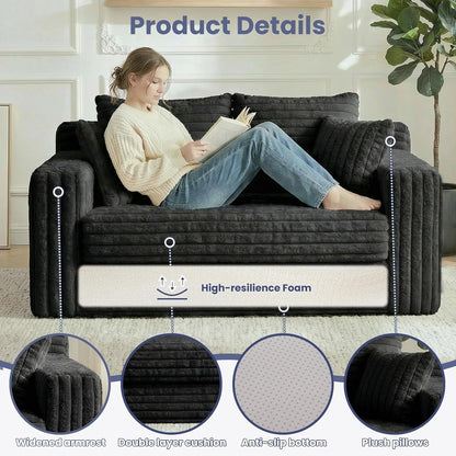 3-In-1 Convertible Sofa Bed: Boneless Loveseat Sleeper & Folding Couch Bed with 4 Pillows & Detachable Cushion,Furry Futon Couch for Bedroom,Apartment,Office and Living Room, No Assembly,Black4