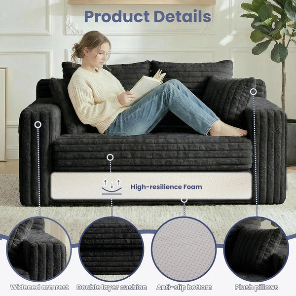 3-In-1 Convertible Sofa Bed: Boneless Loveseat Sleeper & Folding Couch Bed with 4 Pillows & Detachable Cushion,Furry Futon Couch for Bedroom,Apartment,Office and Living Room, No Assembly,Black4