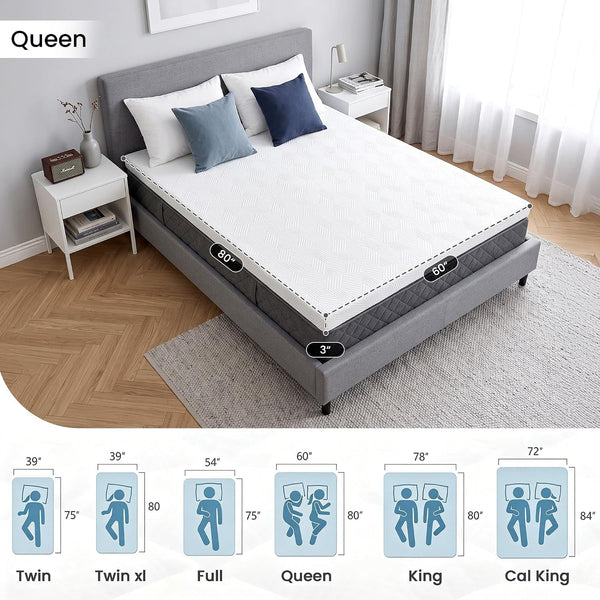 3 Inch Gel Memory Foam Mattress Queen Size, White Ventilated High Density Pad for Back Pain, Bed Mattress with Wave Soft Cover, Certipur-Us Certified, Removable Washable Cover5