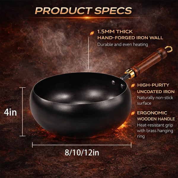 2026 Upgraded Uncoated Thick Iron Pot, Japanese Hand-Forged Non-Stick Iron Pan without Coating, Durable and Rust-Free for Cooker Gas Stir Fry Pans round Bottom with Lid (Glass Lid,11In)2