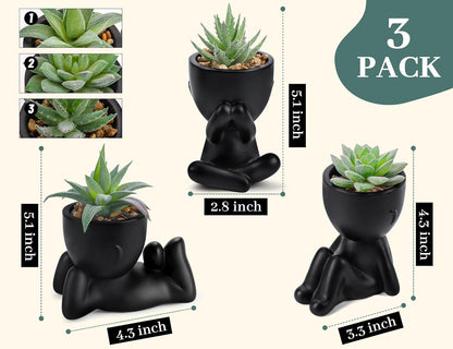 3 Pack Fake Plants in Black Pots for Bathroom Living Room Decor | Unique Black Human-Shaped Pot，Cute Fake Succulents Plants，Perfect for Black Desk Shelf Bedroom Halloween Decor，Fresh All Year2