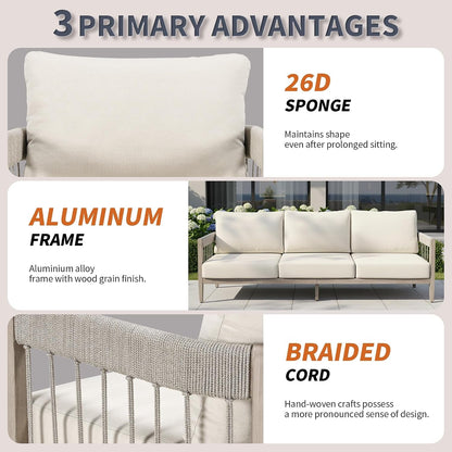 4-Piece Patio Furniture Set, Never-Rust Aluminum Sectional Sofa with Faux Wood Grain Frame, Rope Weave Outdoor Conversation Set with Coffee Table, Patio Sofa Set for Backyard, Poolside, Deck2