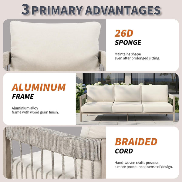 4-Piece Patio Furniture Set, Never-Rust Aluminum Sectional Sofa with Faux Wood Grain Frame, Rope Weave Outdoor Conversation Set with Coffee Table, Patio Sofa Set for Backyard, Poolside, Deck2