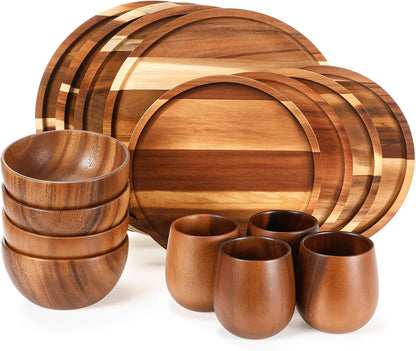 12 Pcs Acacia Wood Dinnerware Set for 41