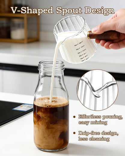 Espresso Measuring Cup, 6Oz Borosilicate Glass Espresso Cups with Wood Handle (2.71In Long Grip), V-Shaped Spout Ribbed Milk Frothing Cup for Coffee, Latte, Tea, Syrup – Espresso Accessories5