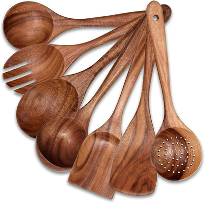 7-Piece Wooden Non-Stick Kitchen Utensil Set, Natural Teak Wood Kitchen Pan Toolset, Wooden Cooking Spatula Spoon & Salad Fork Set, Scratch Resistant Cookware Toolset, Easy to Clean1