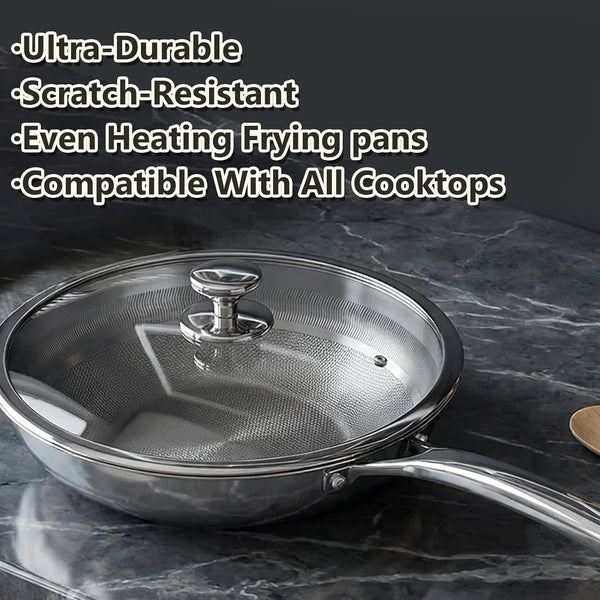 Titanium Hammered Wok with Lid, Pure, No Coating Non-Stick Titanium Pans for Cooking, Flat Bottom Wok, Ultra-Durable, Scratch-Resistant, Compatible with All Cooktops,12.6In6