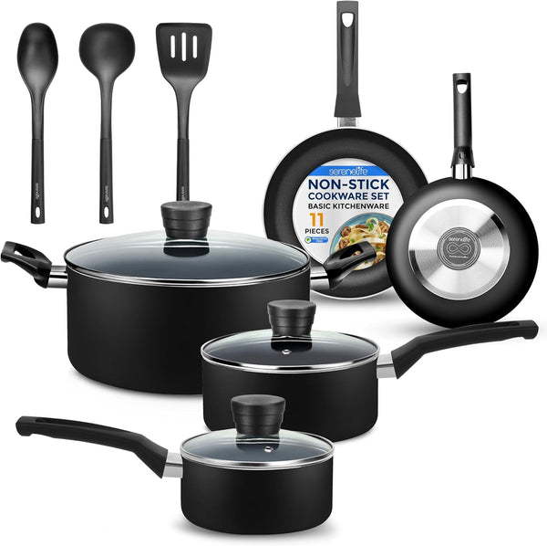 Kitchenware Pots & Pans Basic Kitchen Cookware, Black Non-Stick Coating Inside, Heat Resistant Lacquer (11-Piece Set), One Size, Black1