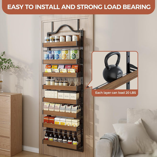 8-Tier Pantry Door Organizer, over the Door Pantry Organizer with Wooden Adjustable Baskets, 2 in 1 Spice Rack Wall Mount or Door Organizer, Door Spice Rack for Pantry（72.6×17.1×5.1In,Black)5