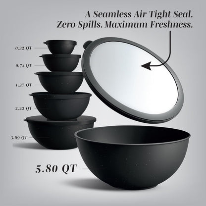 Mixing Bowls with TPR Lids - 12 Piece Plastic Nesting Bowls Set Includes 6 Prep Bowls and 6 Lids, Microwave Safe (Speckled Black)2