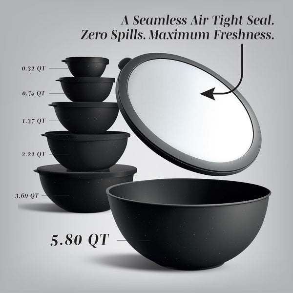 Mixing Bowls with TPR Lids - 12 Piece Plastic Nesting Bowls Set Includes 6 Prep Bowls and 6 Lids, Microwave Safe (Speckled Black)2
