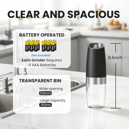 Battery Operated Gravity Salt and Pepper Grinder Set, 2 Pcs (Black) | Automatic Salt and Pepper Grinder Set, Adjustable Roughness,12 Batteries Required, Led Light5