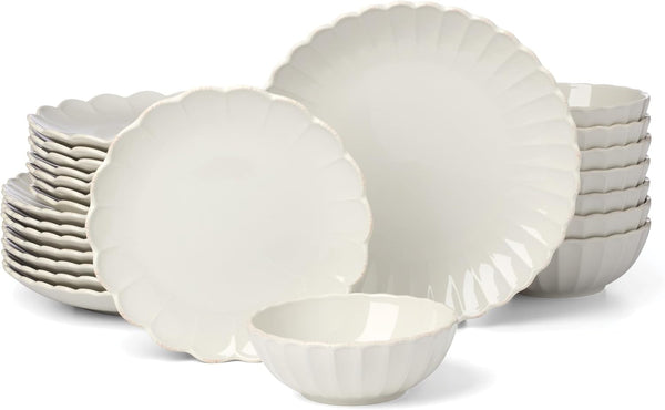 French Perle Scallop White Stoneware 24-Piece Dinnerware Set for 81