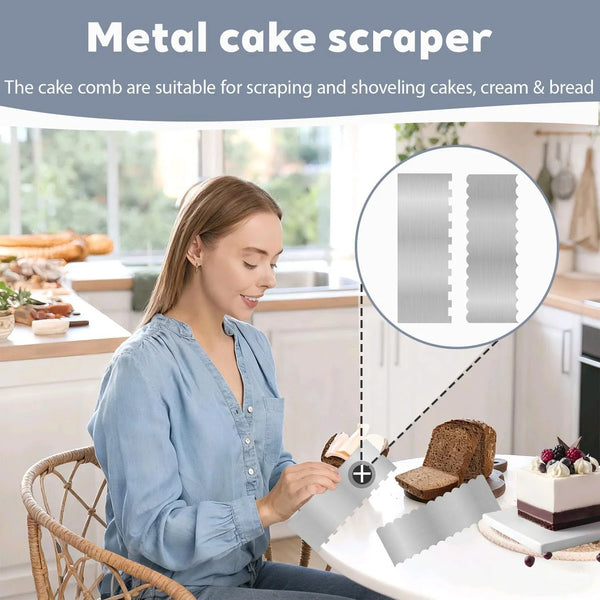 2 Pcs Stainless Metal Cake Scraper Smoother Double Sided Patterned Edge Cake Decorating Supplies Spatula Frosting Icing Tools Comb for Icing Cakes Buttercream Decorating7
