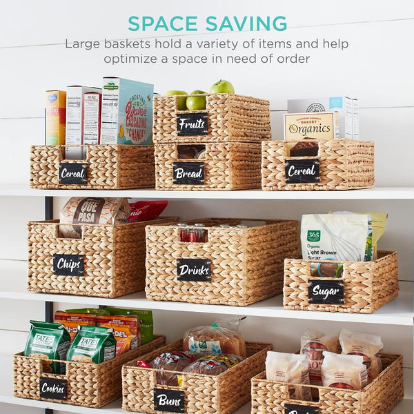 Set of 4 9X12In Water Hyacinth Pantry Baskets, Woven Organizers W/Chalkboard Label, Chalk Marker - Natural4