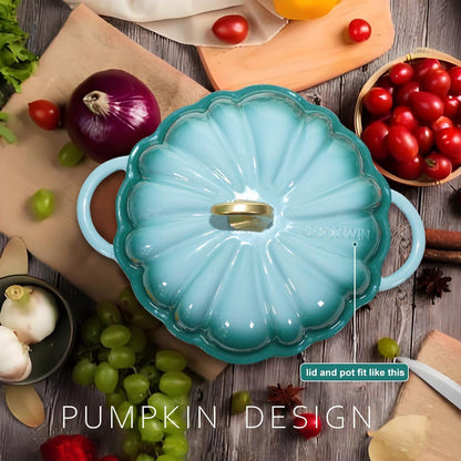 Pumpkin Enameled Cast Iron Dutch Oven with Lid, 4.5 QT Dual Handles and Heavy Duty Pot, Oven Safe up to 500°F for Bread Baking, Braising, Cooking and Family Gifts, Cyan2