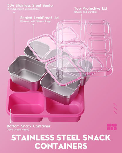 Snackle Box Containers, Stainless Steel 5 Compartments Divided Serving Tray with Lid, Removable Leakproof Portable Bento Box for Fruit Candy Nuts Food - School, Picnic and Travel（Pink）5