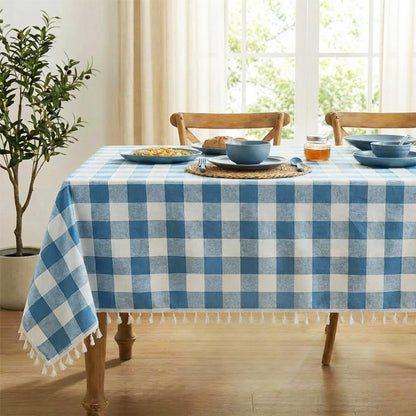 Water-Resistant Checkered Tablecloth Rectangle, Cotton Linen Gingham Table Cloth with Tassel, Wrinkle Free Buffalo Plaid Table Cover for Picnic Kitchen Dining Room - 55 X 86 Inch, Blue1