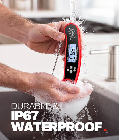 Instant Read Meat Thermometer Digital, 1-2 Sec, Food, Cooking, Grilling | Bright Backlit Display, Waterproof for Air Fryer, Smoker, Candy, Kitchen Gadgets, BBQ Essentials, Gift for Men Husband, Red5